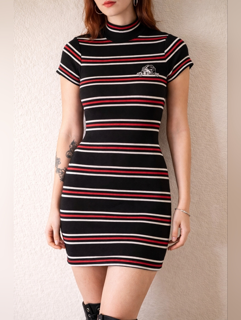 Lurking Class Striped Mini Dress Small Skull Graphic Mock Neck